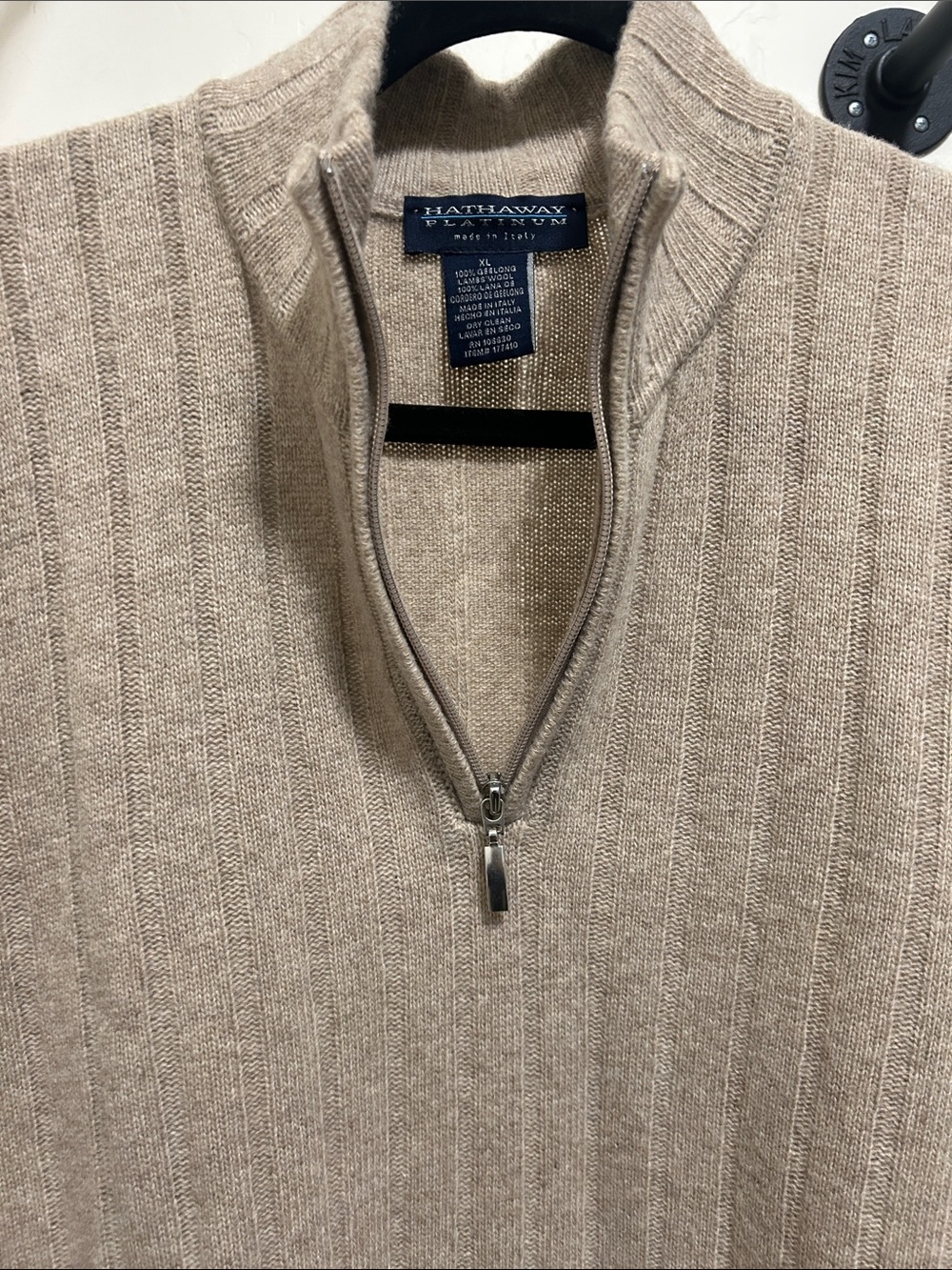Hathaway Men’s Beige Ribbed Half-Zip Wool Sweater